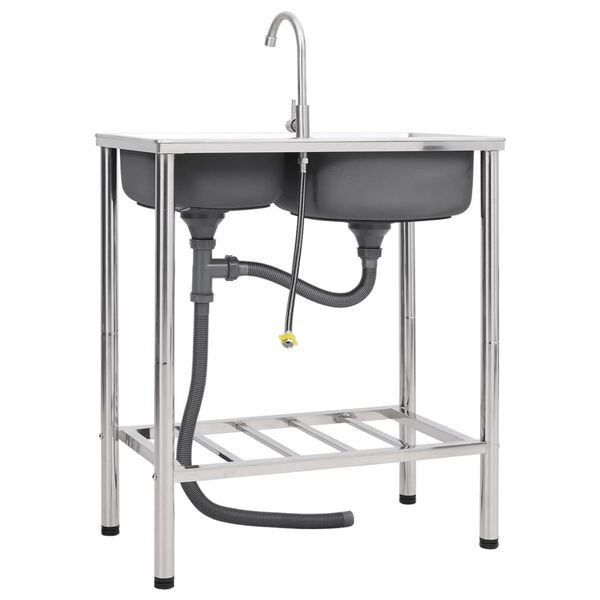 vidaXL Sudoper za kampiranje s 2 kadice i slavinom nehrđajući čelik