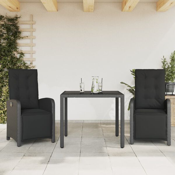 vidaXL 3-dijelni bistro set s jastucima crni od poliratana