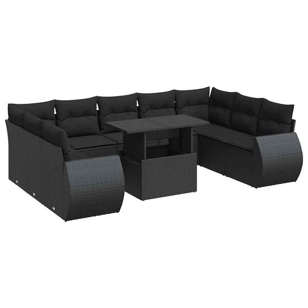 vidaXL 10-dijelni set vrtnih sofa s jastucima crni od poliratana