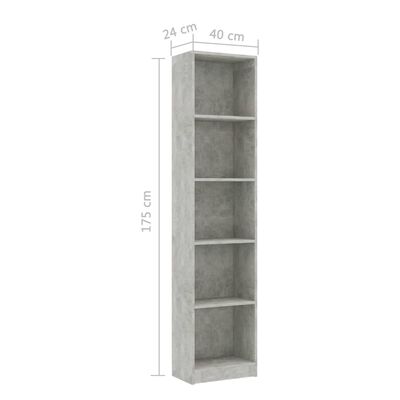 vidaXL Ormarić za knjige s 5 razina boja betona 40x24x175 cm drveni