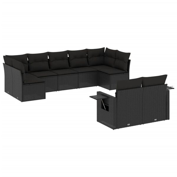 vidaXL 9-dijelni set vrtnih sofa s jastucima crni od poliratana