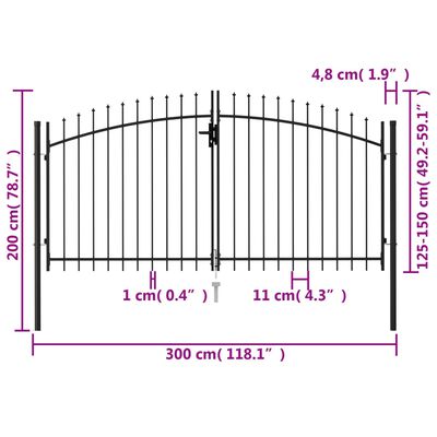vidaXL Dvostruka vrata za ogradu sa šiljcima na vrhu 3 x 1,5 m crna