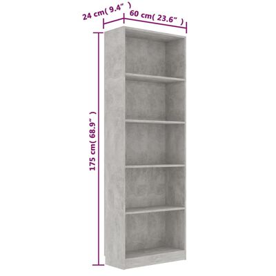vidaXL Ormarić za knjige s 5 razina boja betona 60x24x175 cm drveni