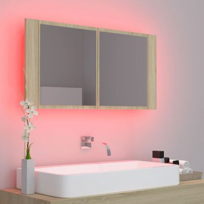 vidaXL LED kupaonski ormarić s ogledalom boja hrasta 90x12x45 akrilni