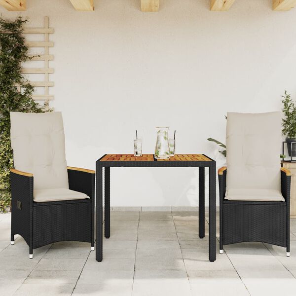 vidaXL 3-dijelni bistro set s jastucima crni od poliratana