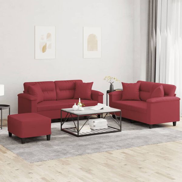 vidaXL 3-dijelni set sofa s jastucima boja vina od umjetne kože