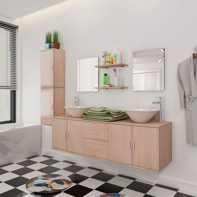vidaXL 11-dijelni set kupaonskog namještaja s umivaonikom i slavinom bež