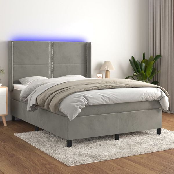 vidaXL Krevet box spring s madracem LED svjetlosivi 140x200 cm bar&scaron;un