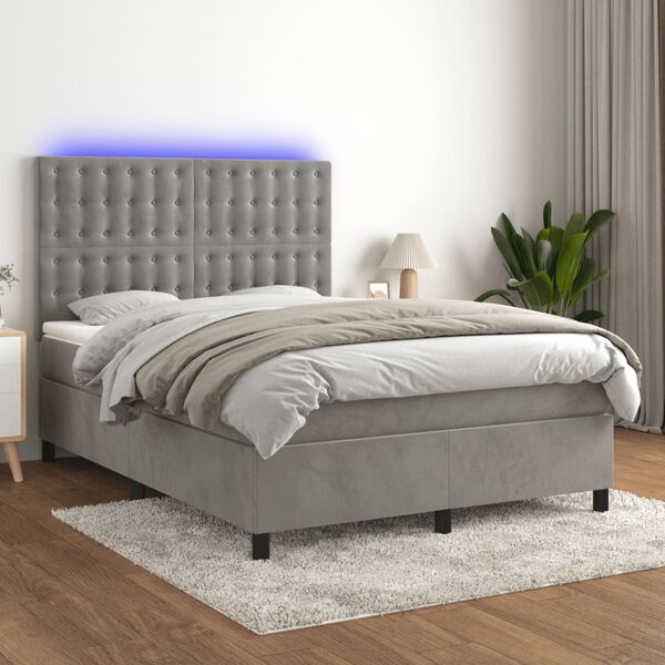 vidaXL Krevet box spring s madracem LED svjetlosivi 140x190 cm bar&scaron;un