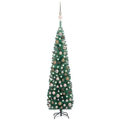 vidaXL Tanko umjetno osvijetljeno božićno drvce i kuglice zeleno 210cm