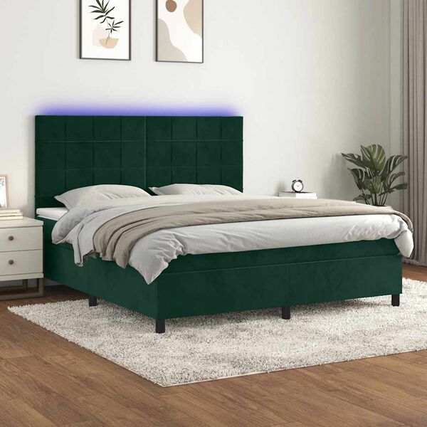 vidaXL Krevet box spring s madracem LED tamnozeleni 160x200 cm bar&scaron;un