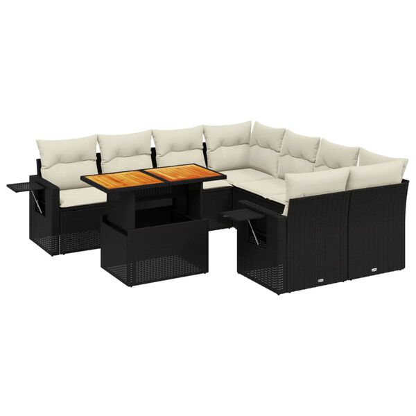vidaXL 9-dijelni set vrtnih sofa s jastucima crni od poliratana
