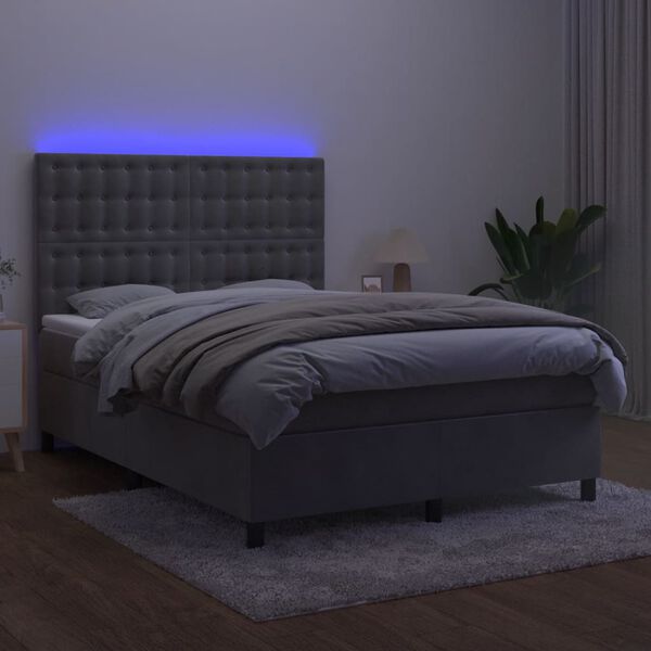 vidaXL Krevet box spring s madracem LED svjetlosivi 140x200 cm bar&scaron;un