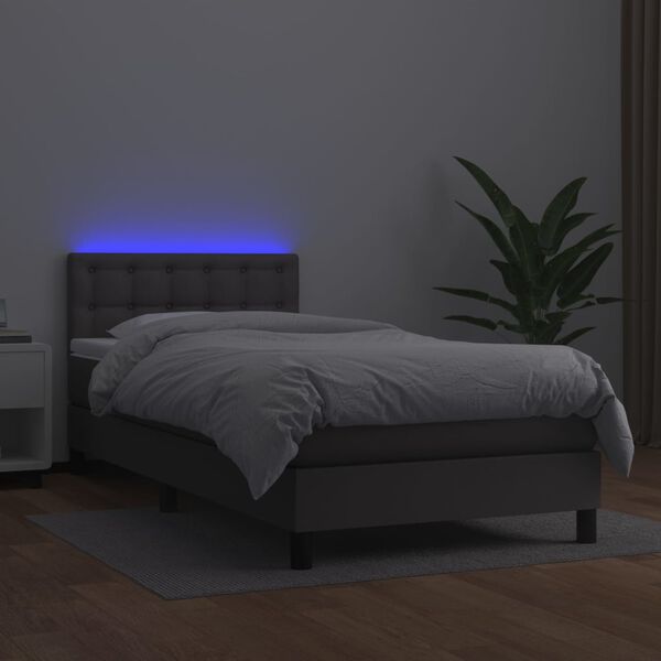 vidaXL Krevet box spring s madracem LED sivi 100x200cm od umjetne kože