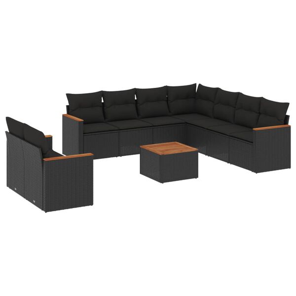 vidaXL 10-dijelni set vrtnih sofa s jastucima crni od poliratana