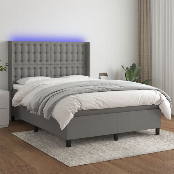 vidaXL Krevet box spring s madracem LED tamnosivi 140x190 cm tkanina