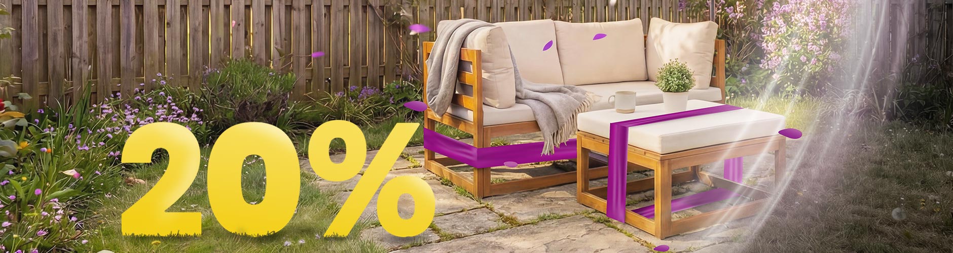 Drvena vrtna sofa s bež jastucima i stolom pod suncobranom na sunčanoj terasi, okružena cvijećem i ogradom, s bannerom proljetne promocije 20%.