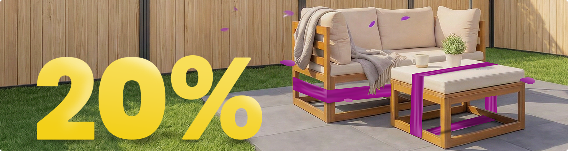 Drvena vrtna sofa s bež jastucima i stolom pod suncobranom na sunčanoj terasi, okružena cvijećem i ogradom, s bannerom proljetne promocije 20%.