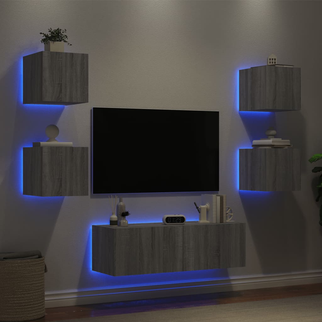 vidaXL 5-dijelni zidni TV ormarići s LED svjetlima siva boja betona