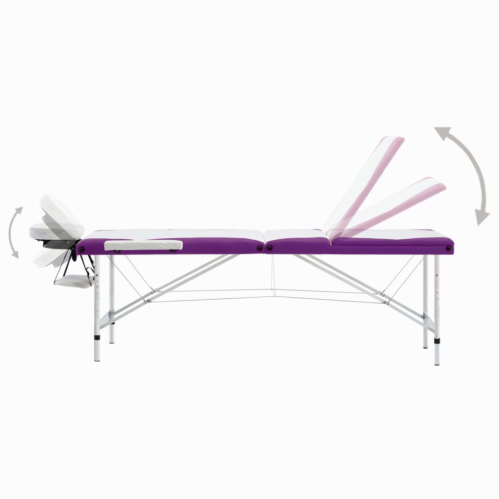 vidaXL Sklopivi stol za masažu s 3 zone aluminijski bijelo-ljubičasti