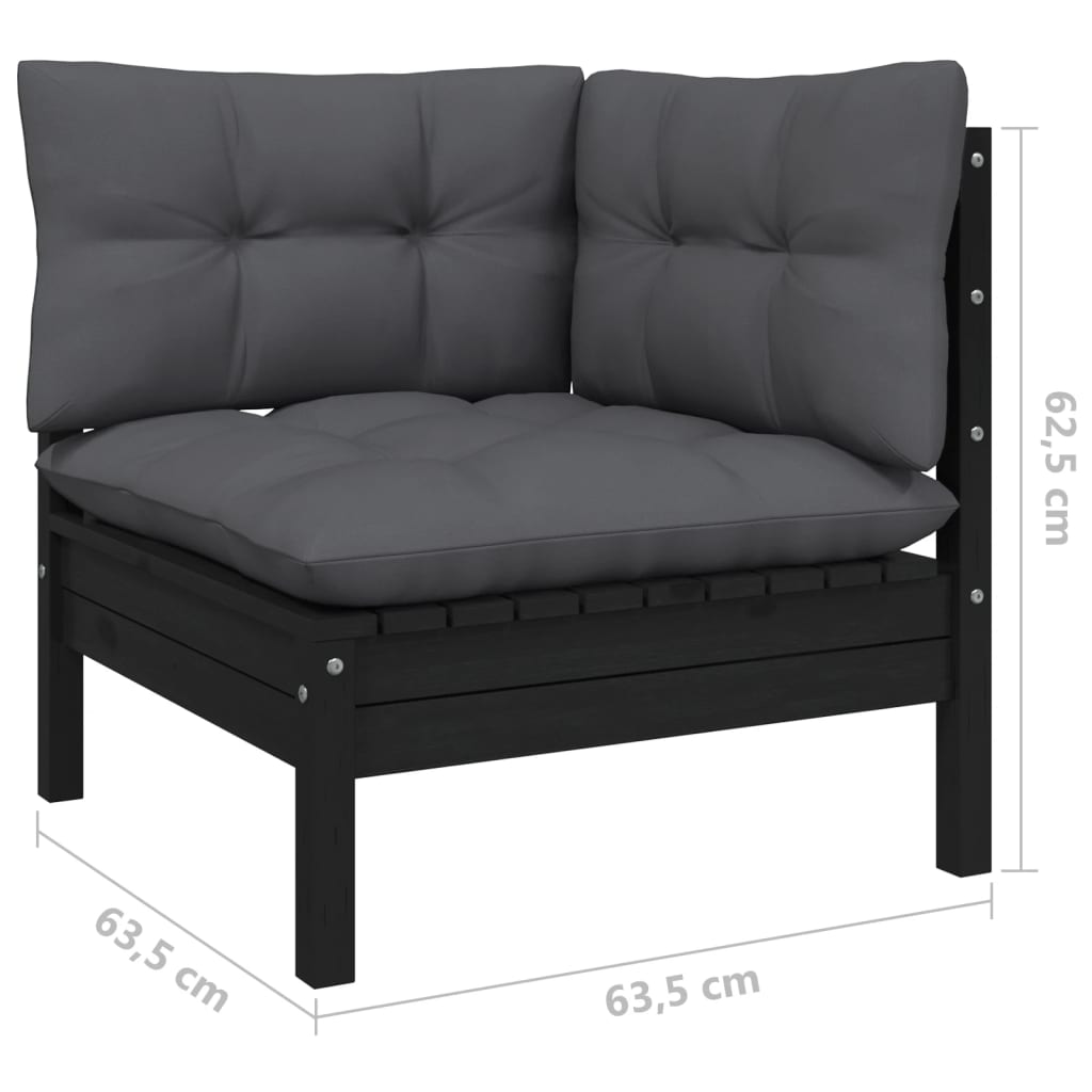 vidaXL Kutna vrtna sofa s jastucima crna od masivne borovine