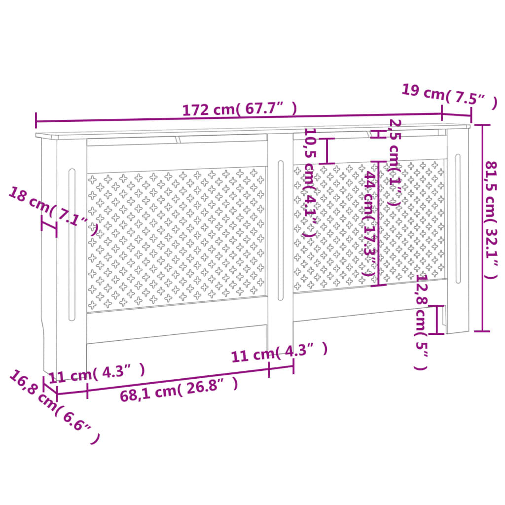 vidaXL Pokrov za radijator bijeli 172 x 19 x 81,5 cm MDF