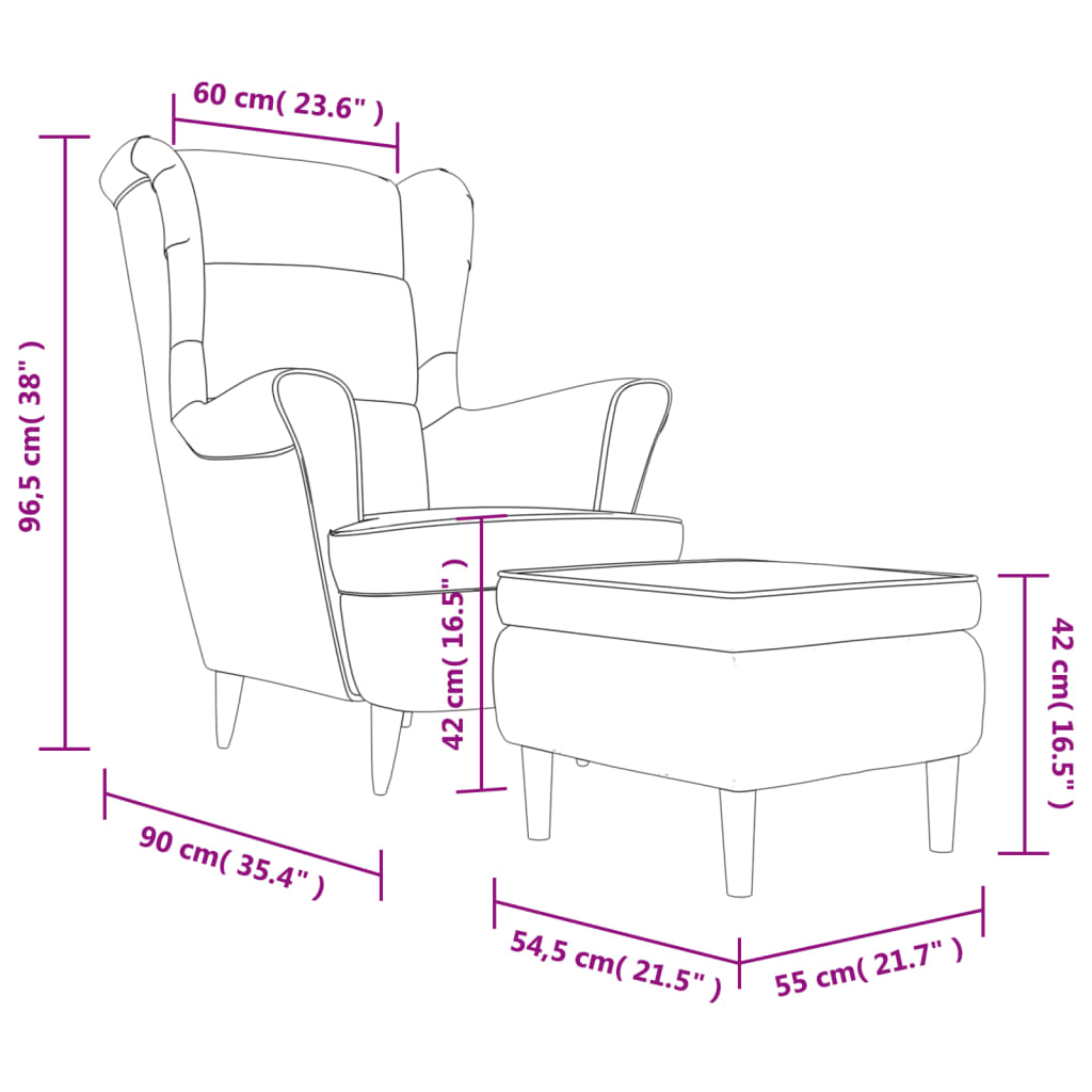 vidaXL Fotelja s krilnim naslonom i tabureom tamnosiva baršunasta