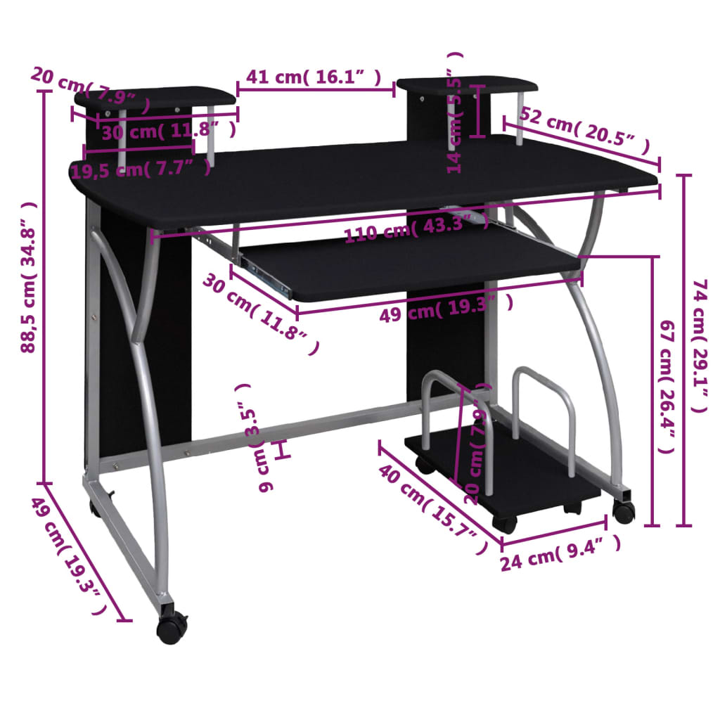 vidaXL Stol za računalo crni 110 x 52 x 88,5 cm od konstruiranog drva
