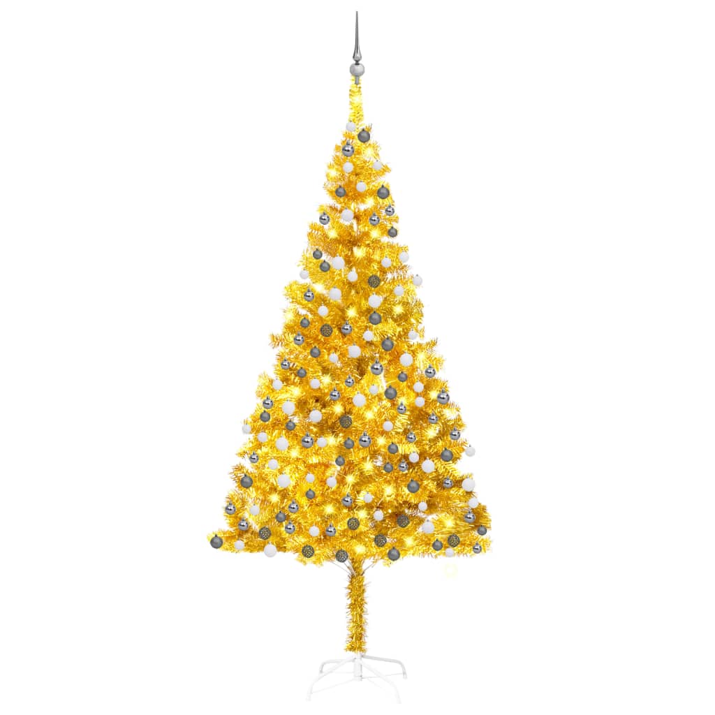 vidaXL Umjetno osvijetljeno božićno drvce i kuglice zlatno 240 cm PET