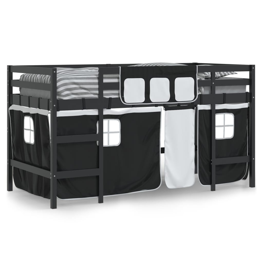 vidaXL Dječji krevet na kat i zavjese crno-bijeli 80 x 200 cm borovina