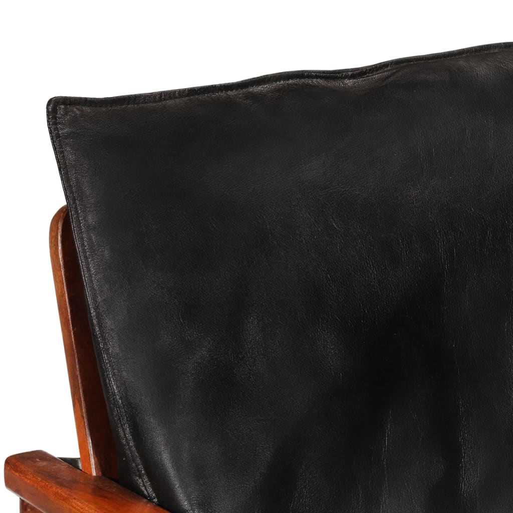 vidaXL Fotelja crna od prave kože i masivnog bagremovog drva