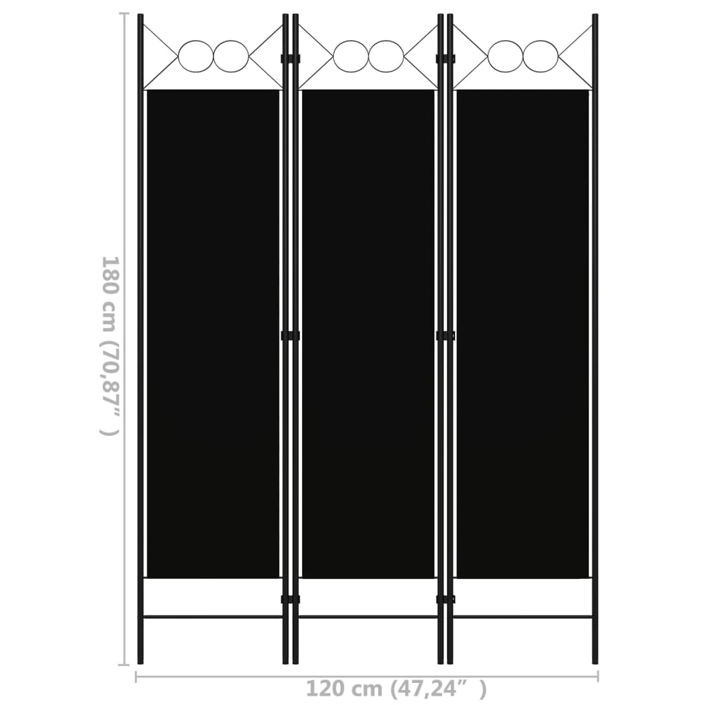 vidaXL Sobna pregrada s 3 panela crna 120 x 180 cm