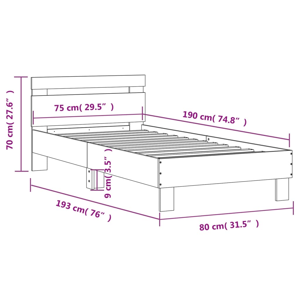 vidaXL Okvir za krevet s uzglavljem crni 75x190 cm konstruirano drvo