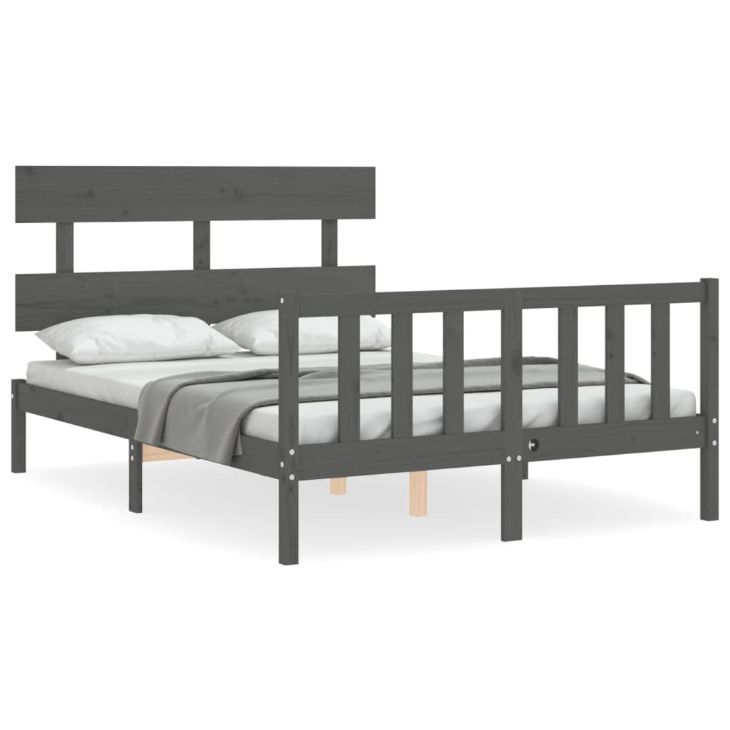 vidaXL Okvir kreveta s uzglavljem sivi bračni od masivnog drva