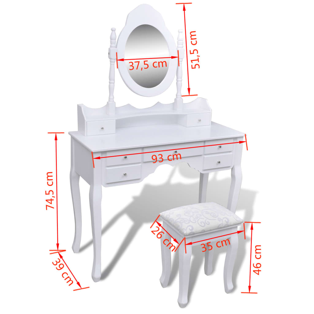 vidaXL Toaletni stol s ogledalom i stolicom 7 ladica bijeli