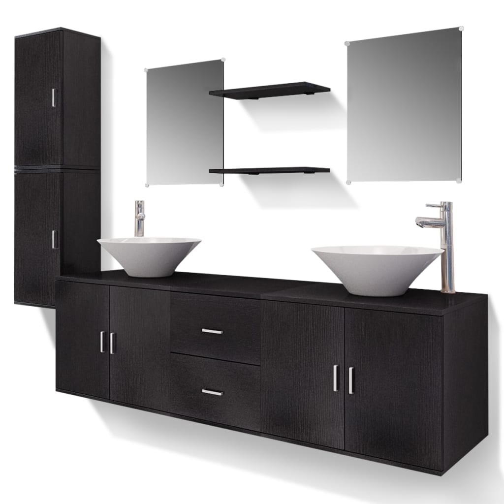 vidaXL 11-dijelni set kupaonskog namještaja s umivaonikom i slavinom crni