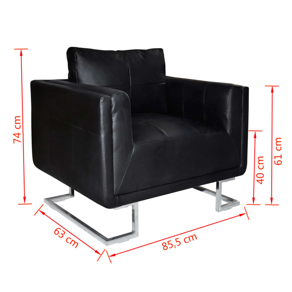 vidaXL Kockasta fotelja od umjetne kože s kromiranim nogama crna