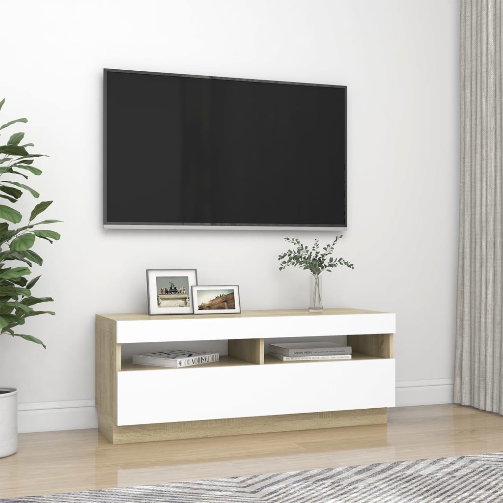 vidaXL TV ormarić s LED svjetlima bijeli i boja hrasta 100x35x40 cm