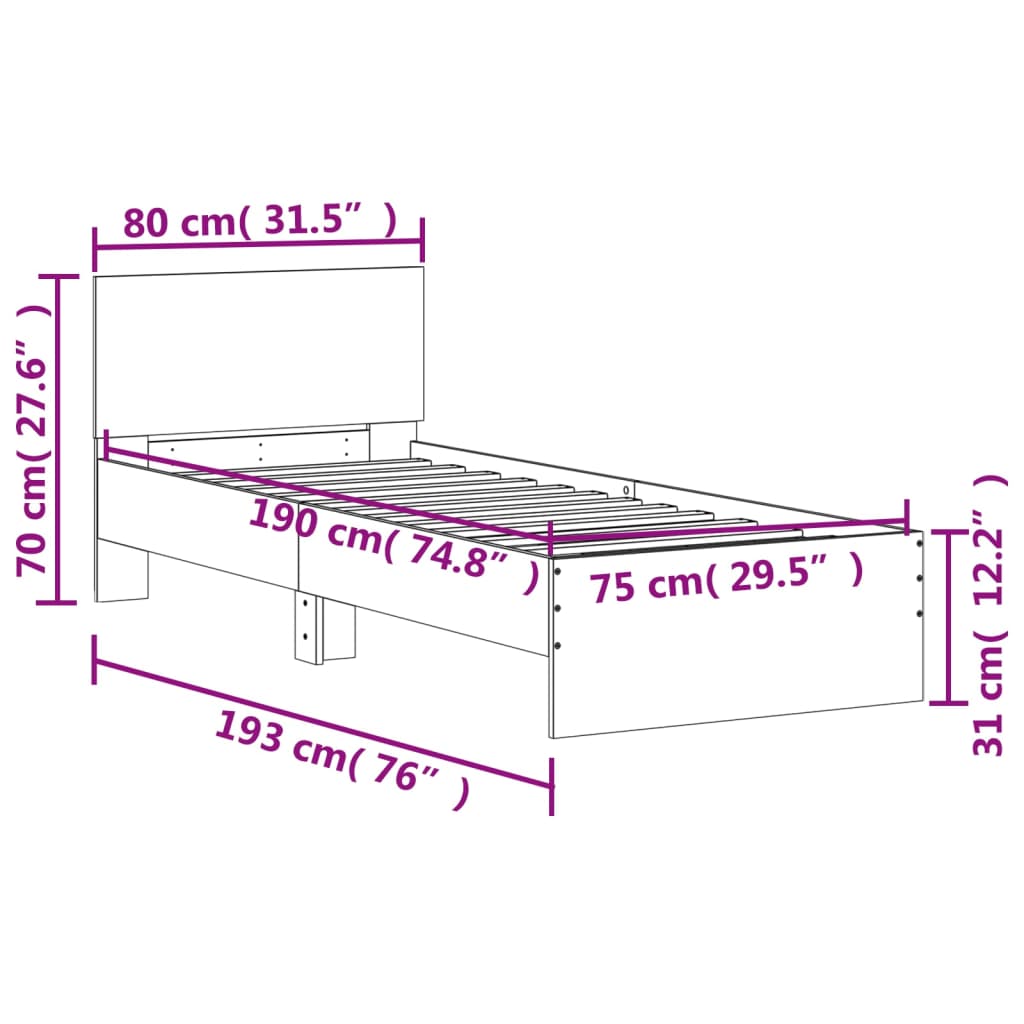 vidaXL Okvir kreveta s uzglavljem siva boja betona 75x190 cm drveni