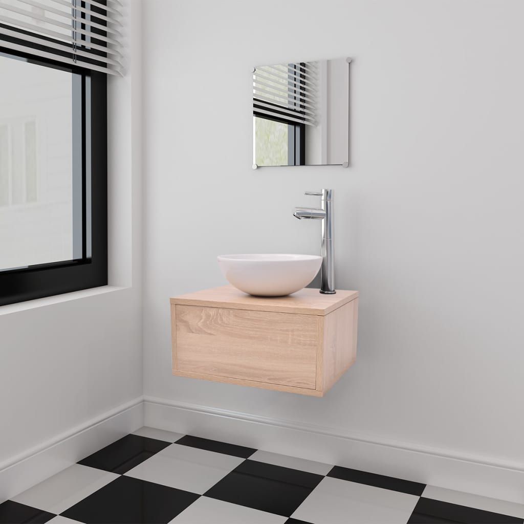vidaXL 4-dijelni set kupaonskog namještaja s umivaonikom i slavinom bež