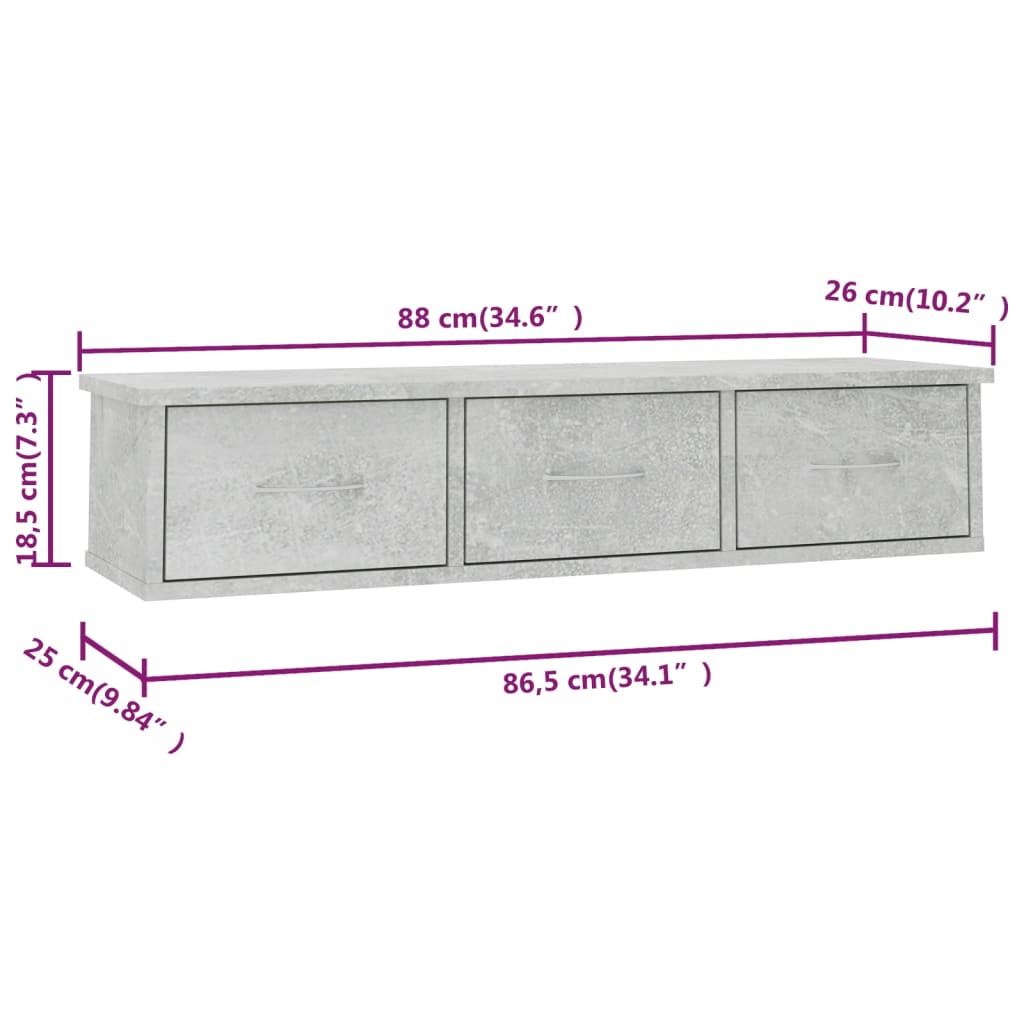 vidaXL Zidna polica s ladicama siva boja betona 88x26x18,5 cm iverica