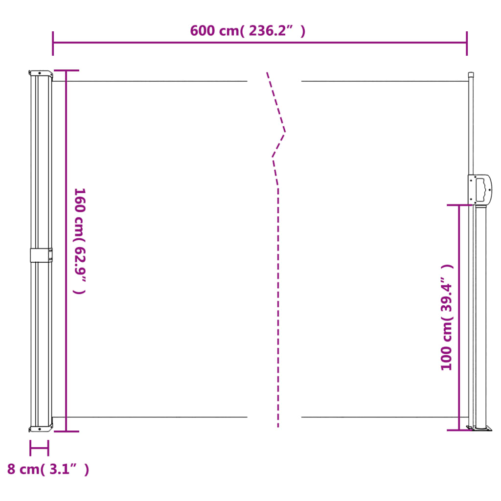 vidaXL Uvlačiva bočna tenda krem boje 160 x 600 cm