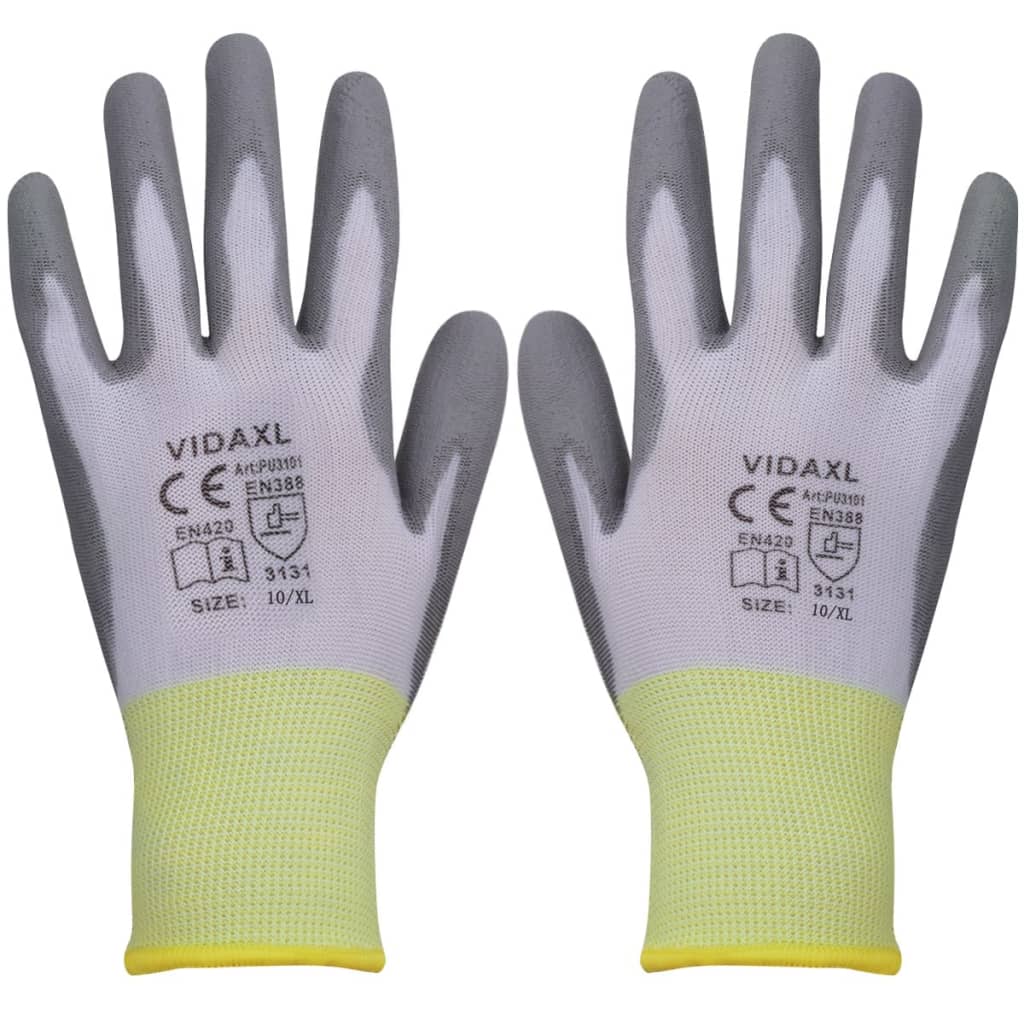 vidaXL Radne rukavice PU 24 Para bijela-siva Veličina 10 / XL