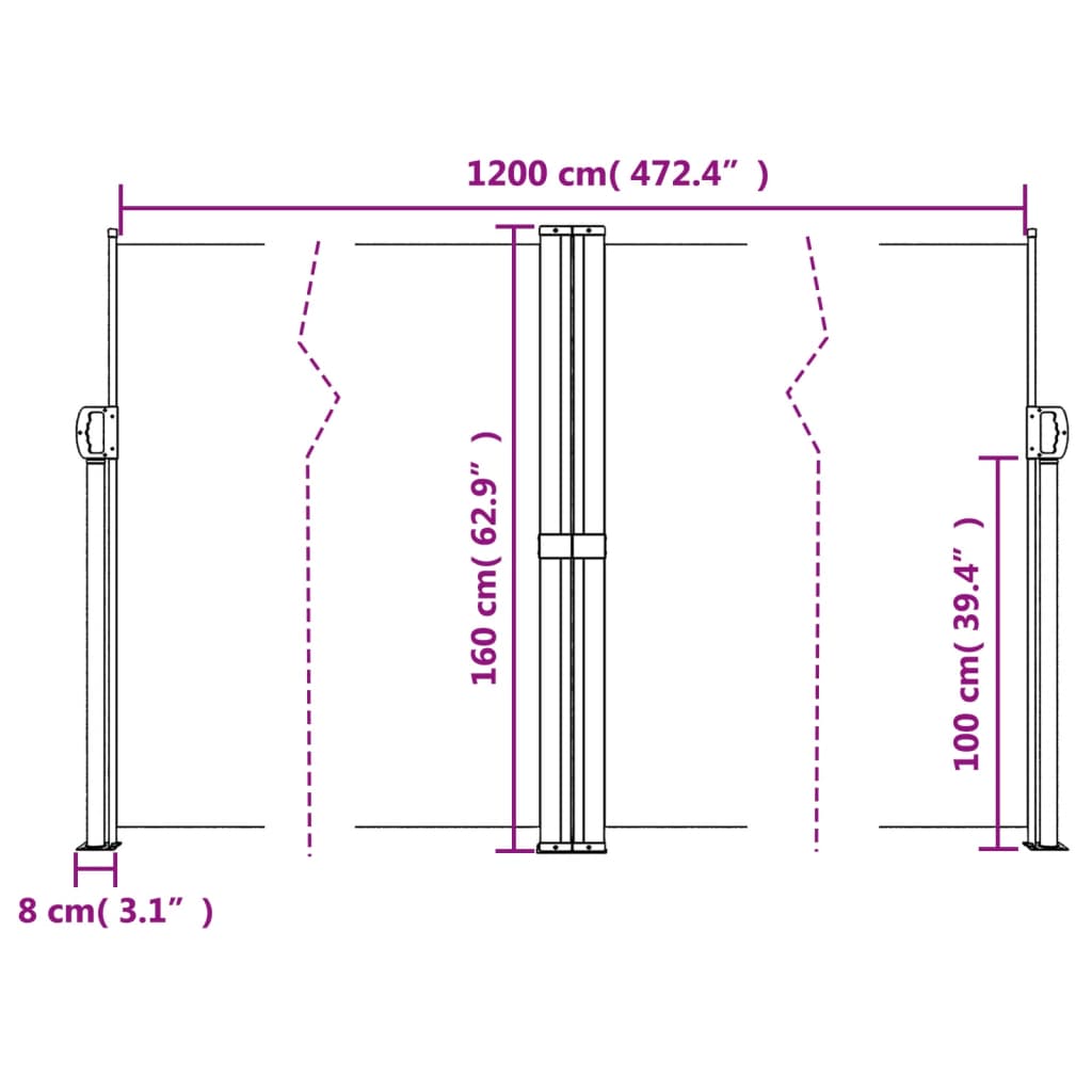 vidaXL Uvlačiva bočna tenda smeđa 160 x 1200 cm