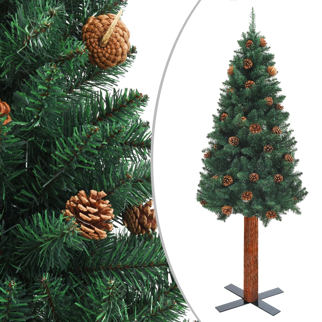 vidaXL Tanko božićno drvce s pravim drvom i šiškama zeleno 180 cm PVC