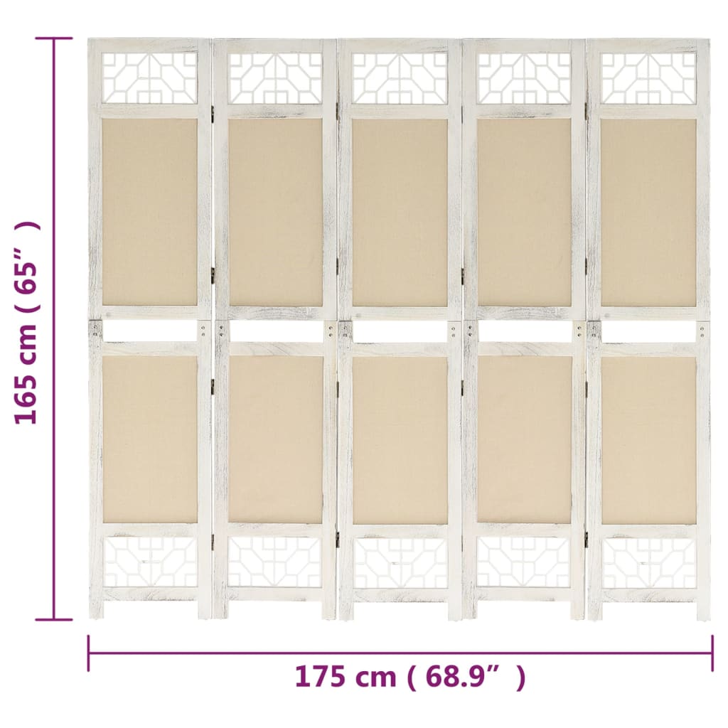 vidaXL Sobna pregrada s 5 panela krem 175 x 165 cm od tkanine