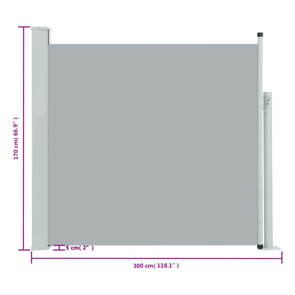 vidaXL Uvlačiva bočna tenda za terasu 170 x 300 cm siva