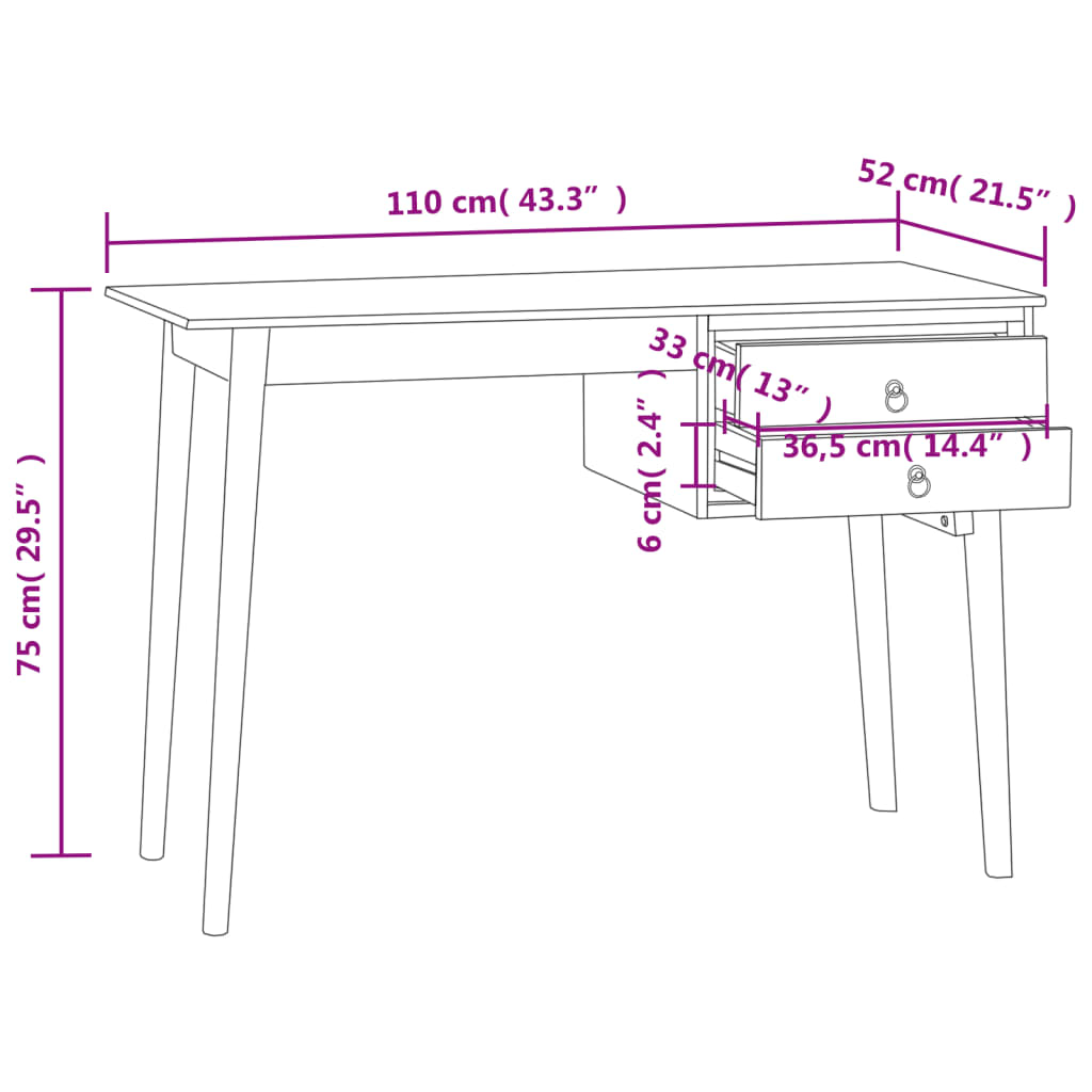 vidaXL Radni stol s 2 ladice 110 x 52 x 75 cm od masivne tikovine