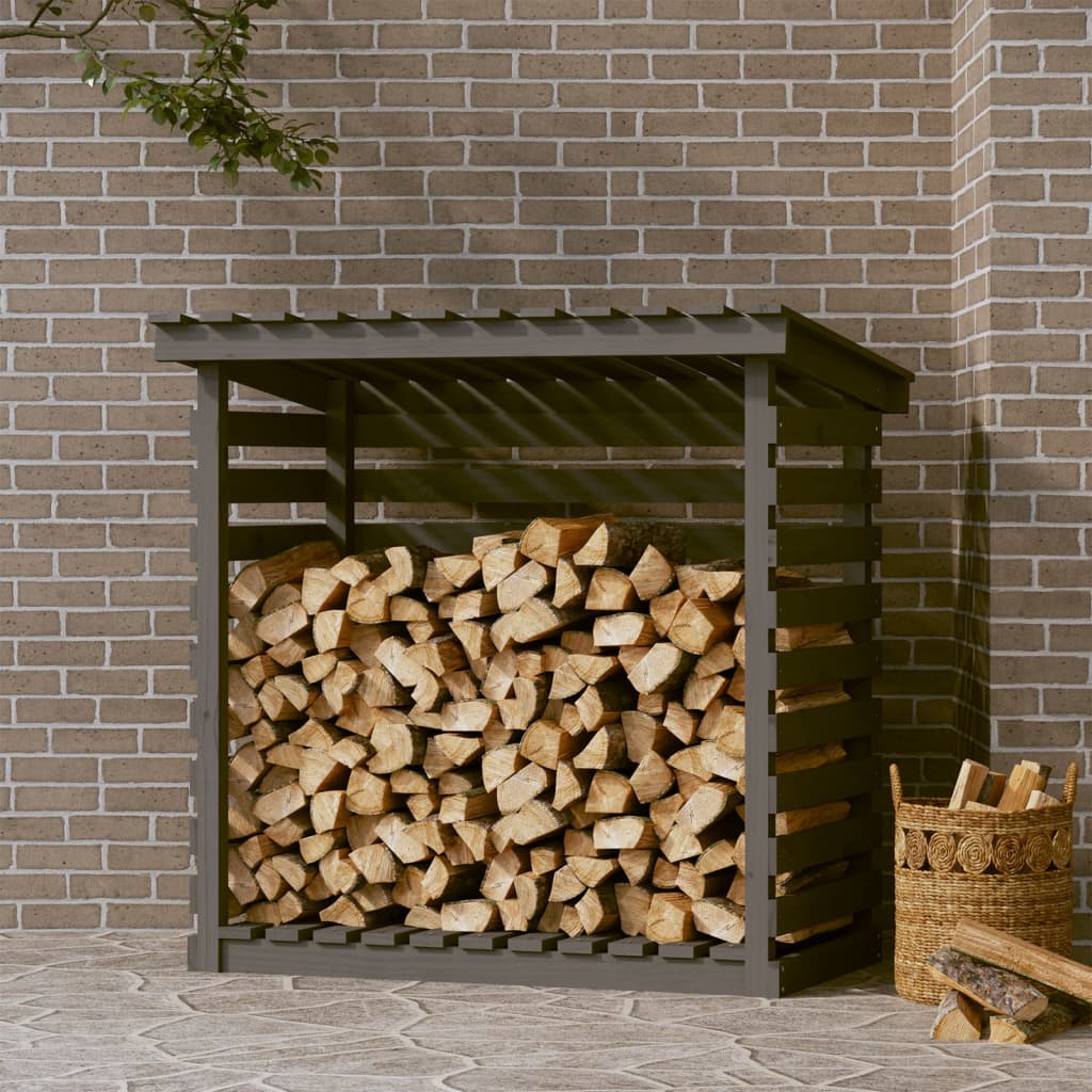 vidaXL Stalak za drva za ogrjev sivi 108x73x108 od masivne borovine