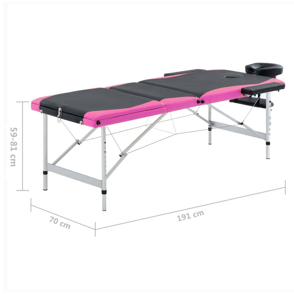 vidaXL Sklopivi stol za masažu s 3 zone aluminijski crno-ružičasti